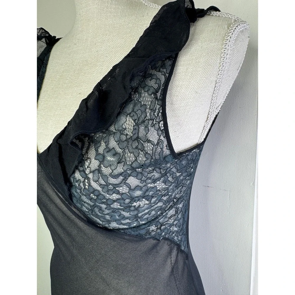 Vintage Black Sheer Mesh Long Slip Lace Insert Ruffle Trim Small - Picture 3 of 7